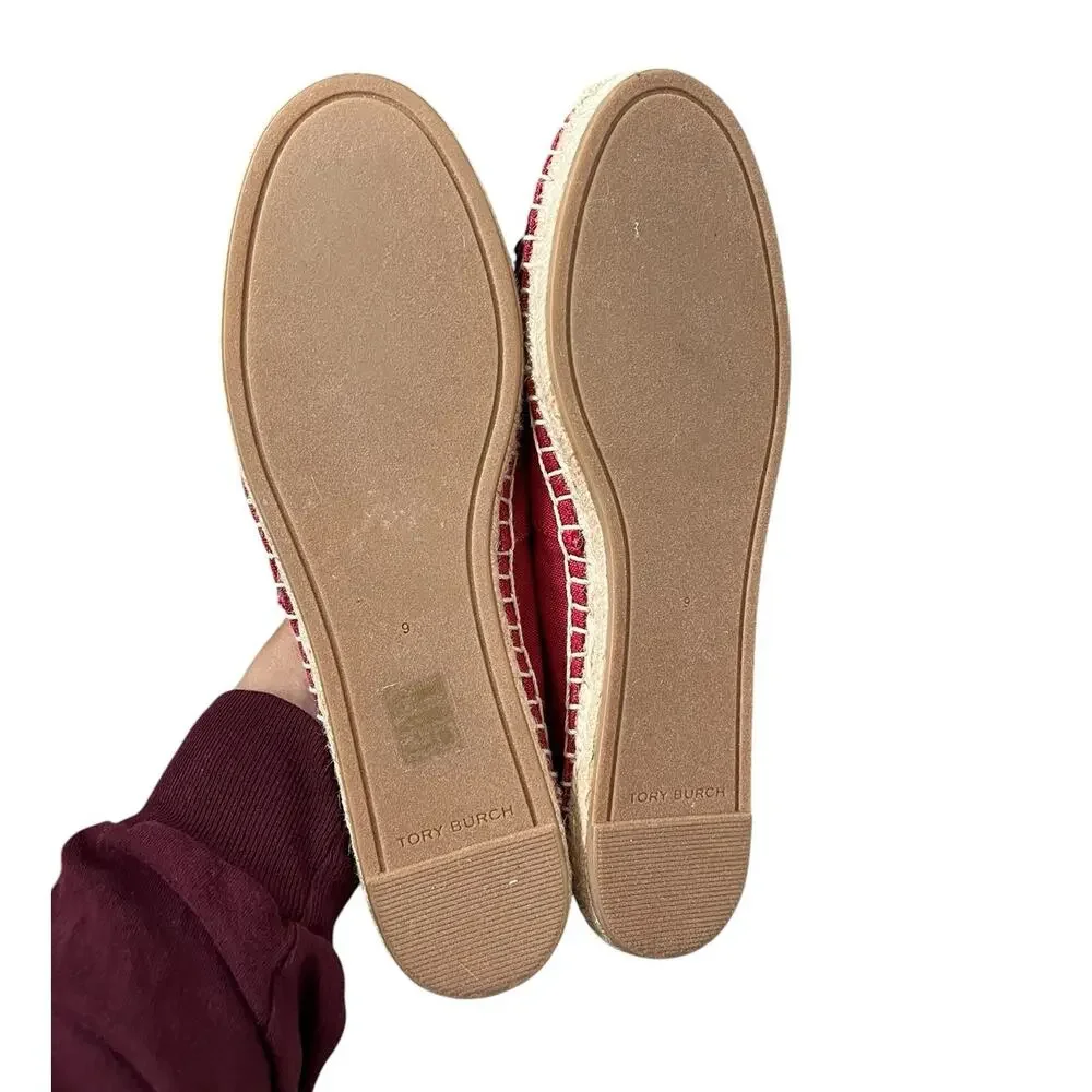 Tory Burch Tilly Tiger Espadrille Flats Red Canvas Leather Slip On Whimsy Size 9